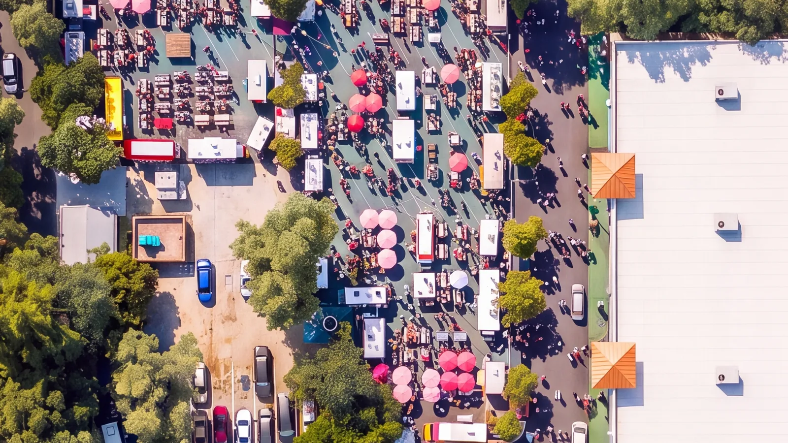 Visitors Plaza from the air: the Machine Gun America storefront at the west end, the Fun Games arcade, the muralled market building, and the Visitors Market and World Food Trucks signs over the entrance arch.